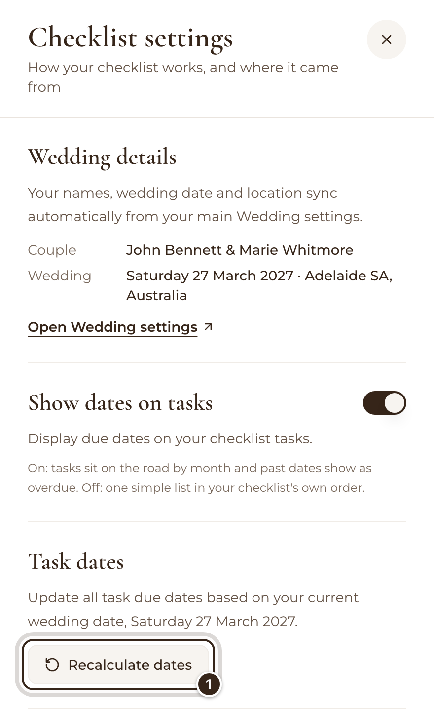 Checklist settings with Recalculate dates marked