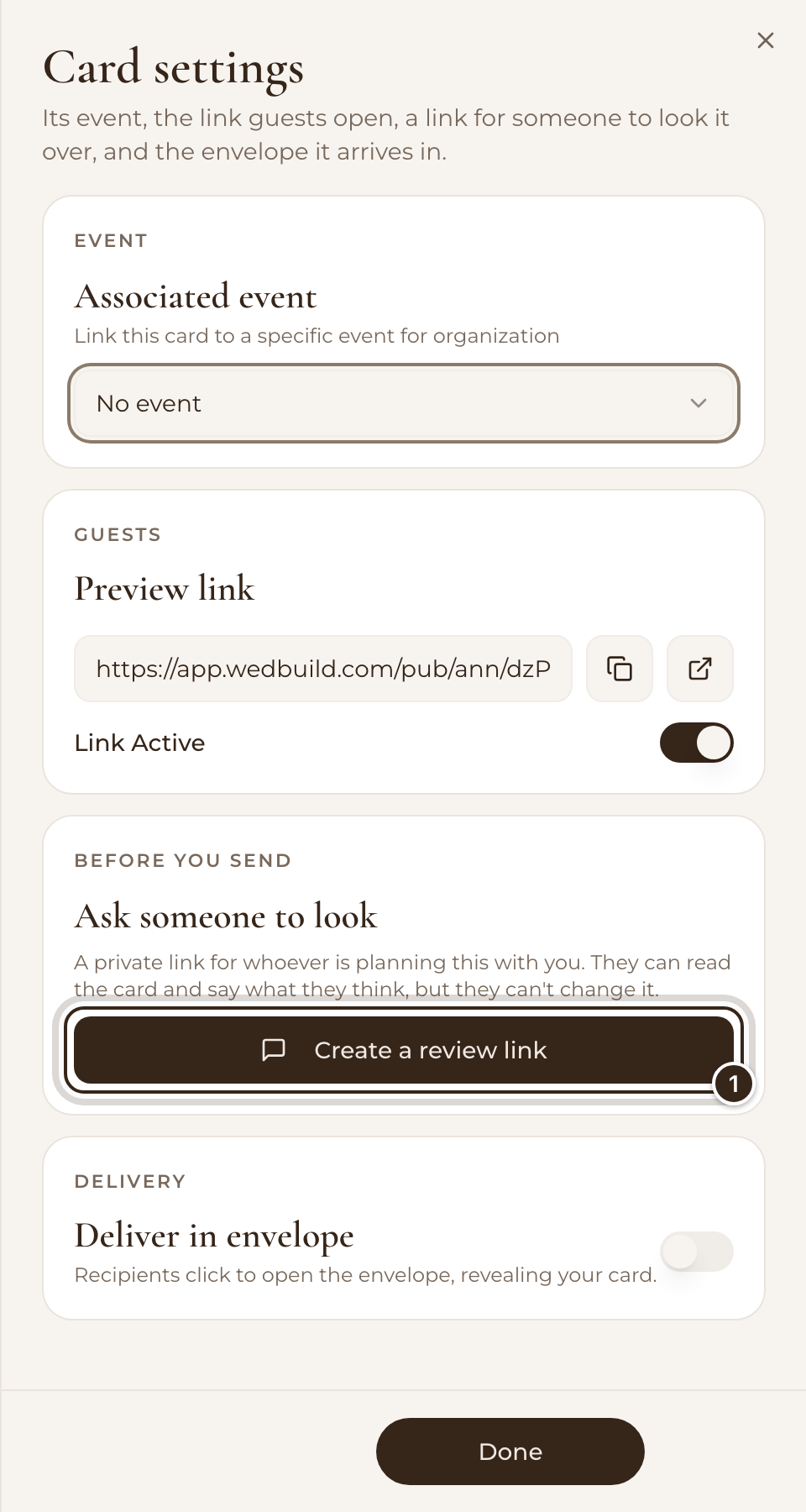 Card settings with the Create a review link button marked