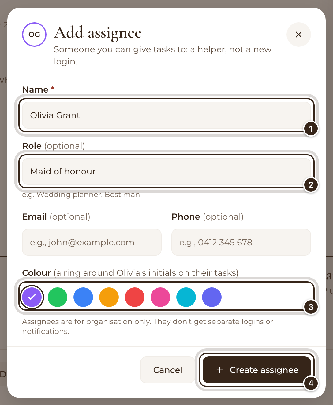 The Add assignee form with a name, a role and a colour chosen, and Create assignee marked