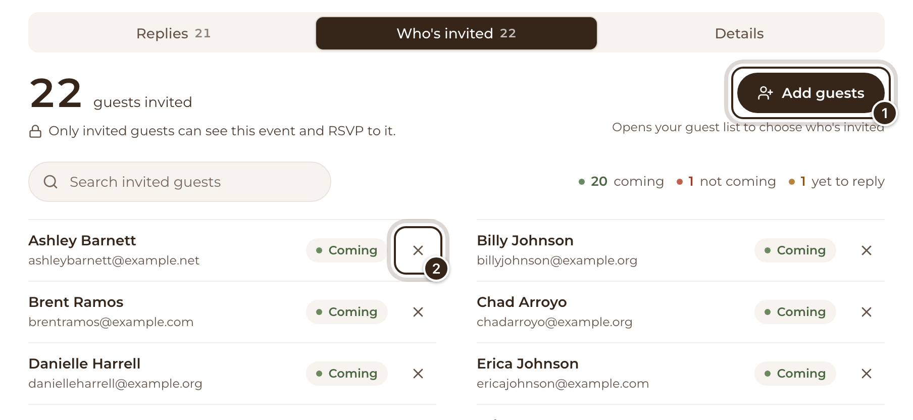 The Who's invited tab of a private event, with Add guests and a guest's remove button marked