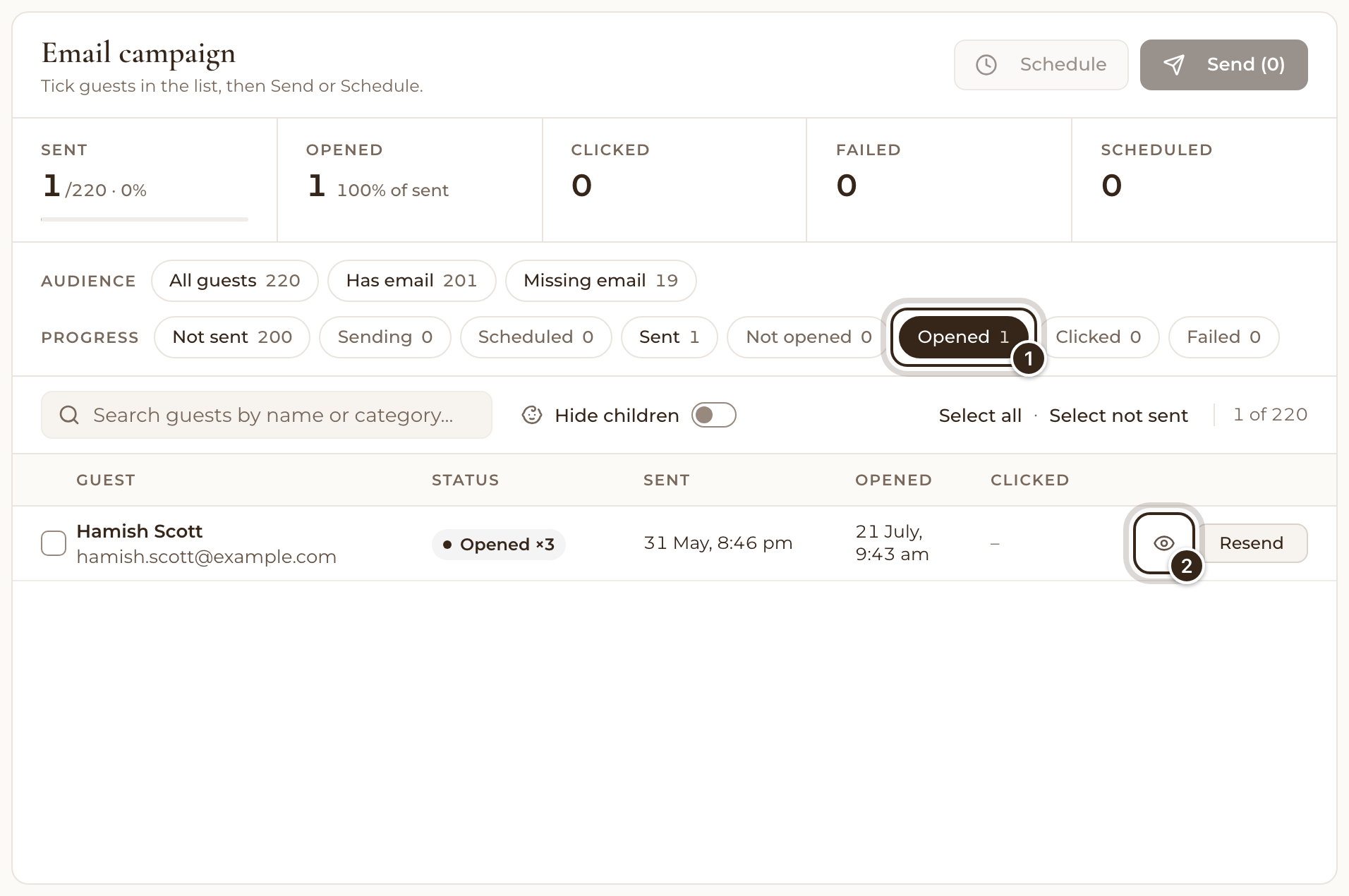 The Opened filter chosen, with one guest who opened the email and the eye button on their row marked