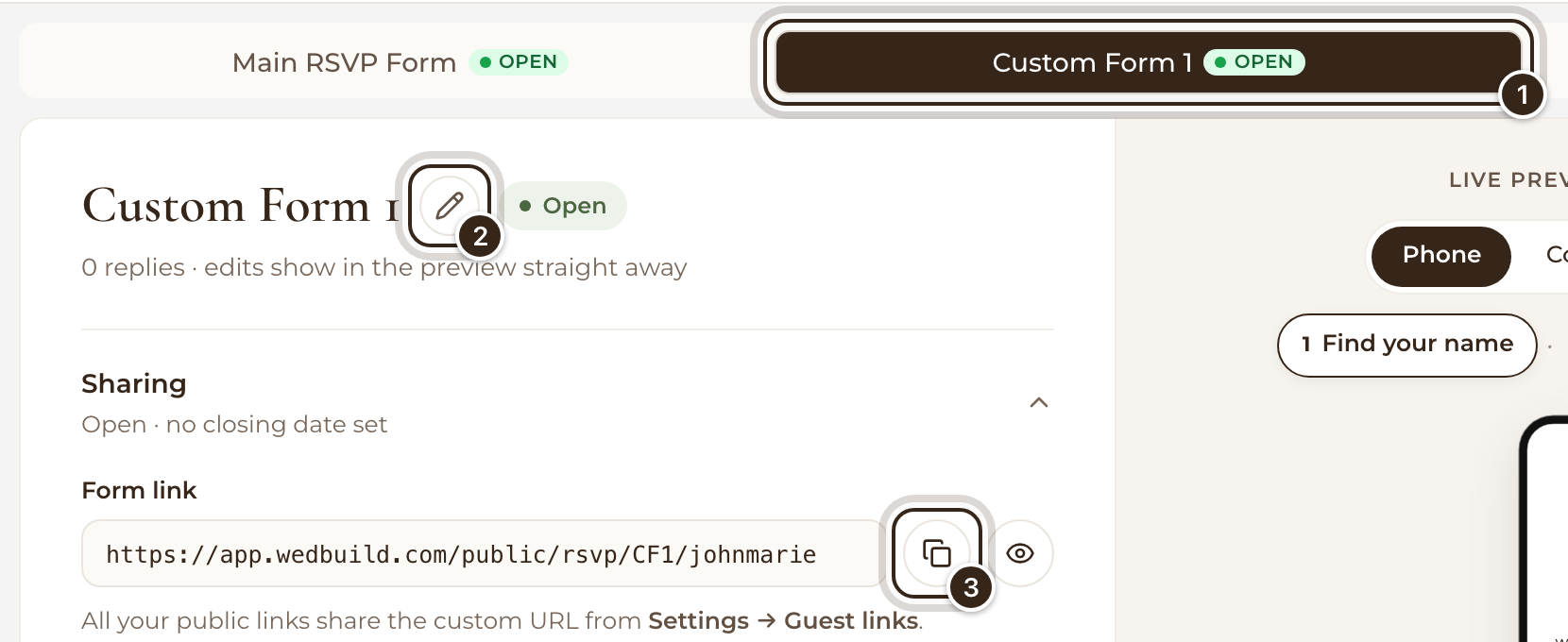The RSVP tab on Custom Form 1, with its tab, the pencil that renames it and its own Copy link marked