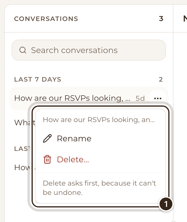 A conversation's menu open, with Rename and Delete marked