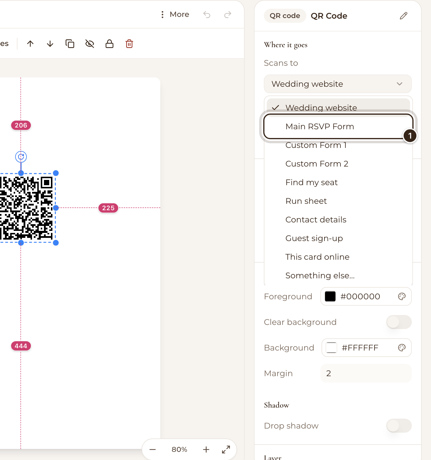The Scans to list open on a selected QR code, with Main RSVP Form marked