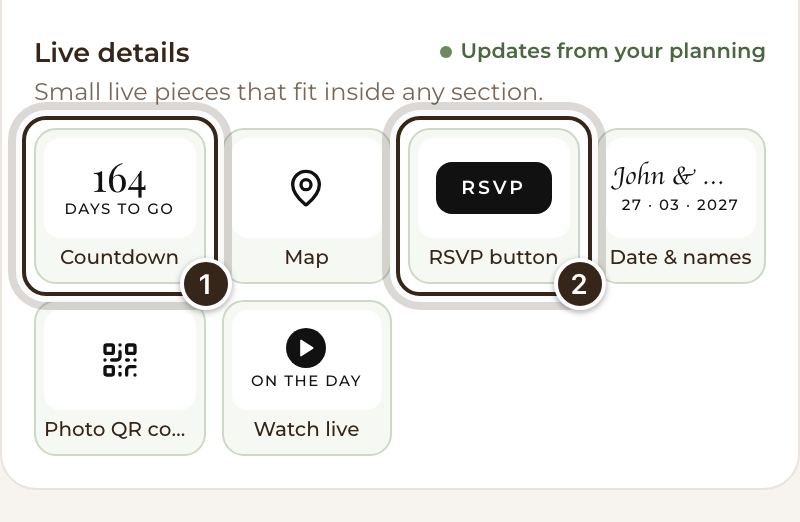The Add tab's Live details, with Countdown and RSVP button marked