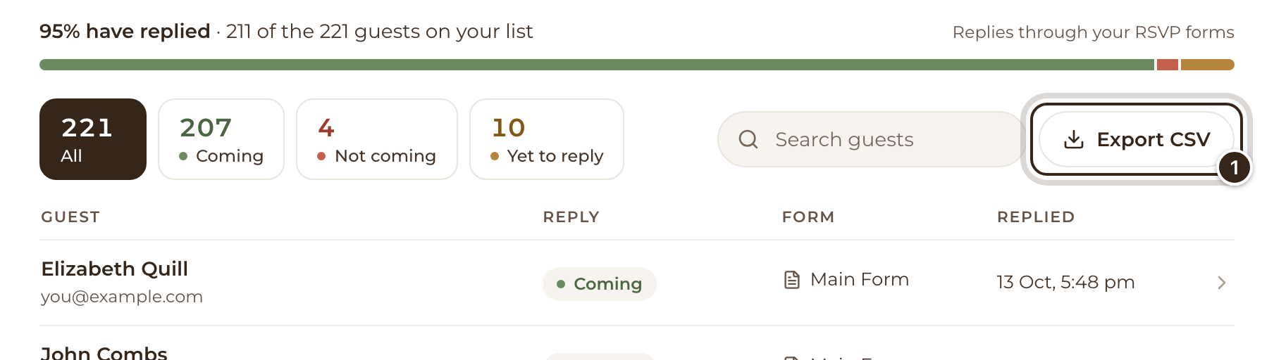 An event's Replies tab with the Export CSV button marked
