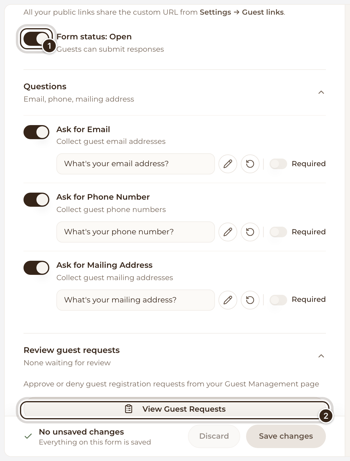 The Guest Self Entry form with the Form status switch and the View Guest Requests button marked