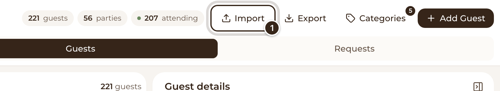 The Guests page with the Import button marked