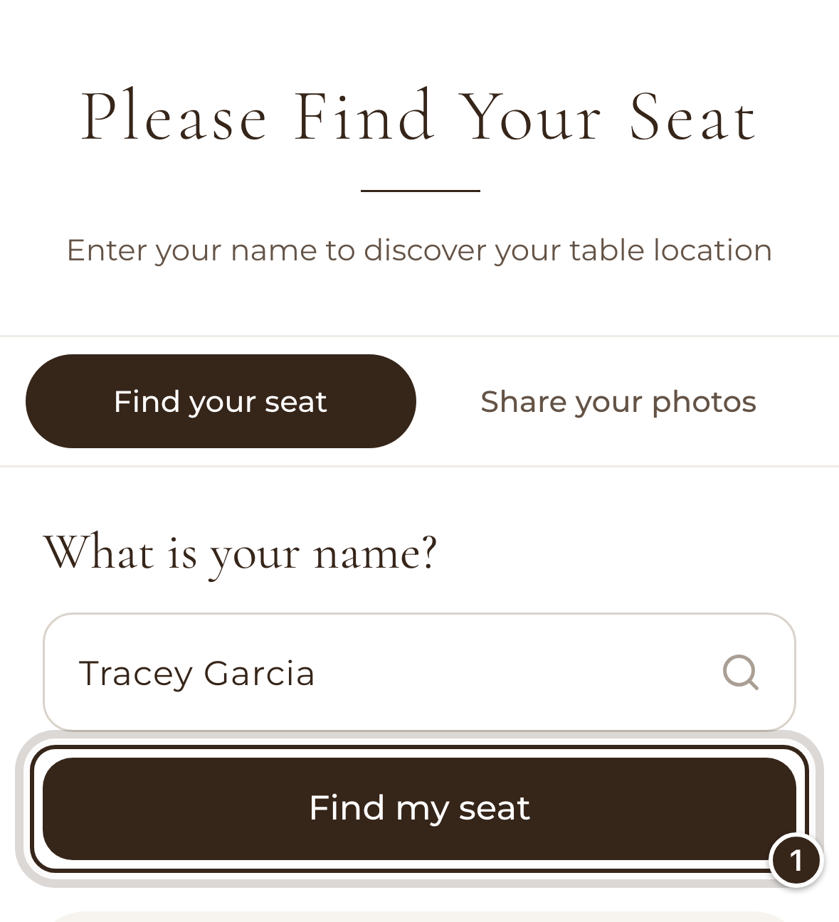The Please Find Your Seat page on a phone, with a full name typed and the Find my seat button marked