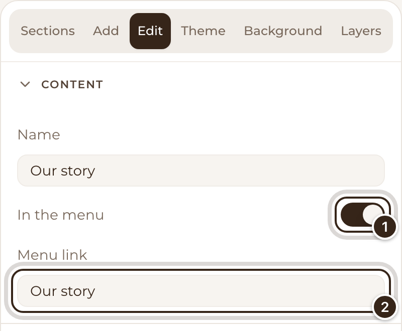 A section's settings with the In the menu switch and the Menu link box marked