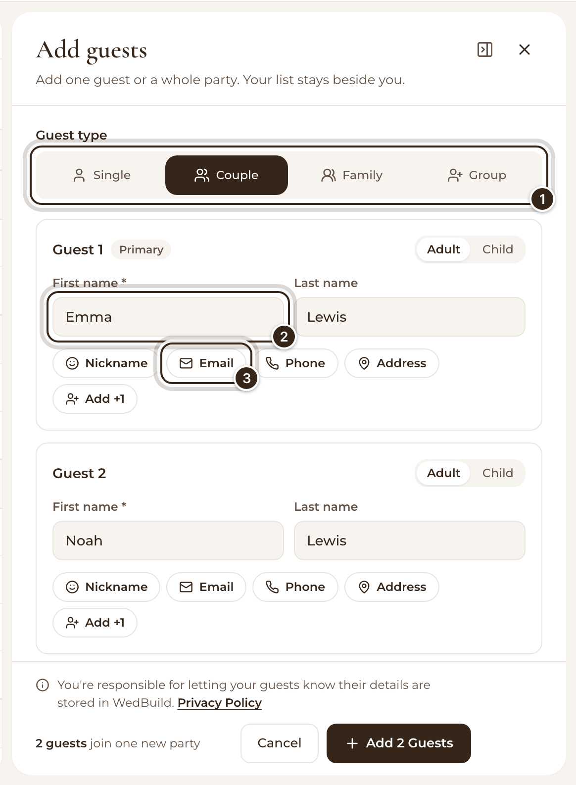 The Add guests panel with Couple chosen, two names typed, and Guest type, the first name and the Email button marked