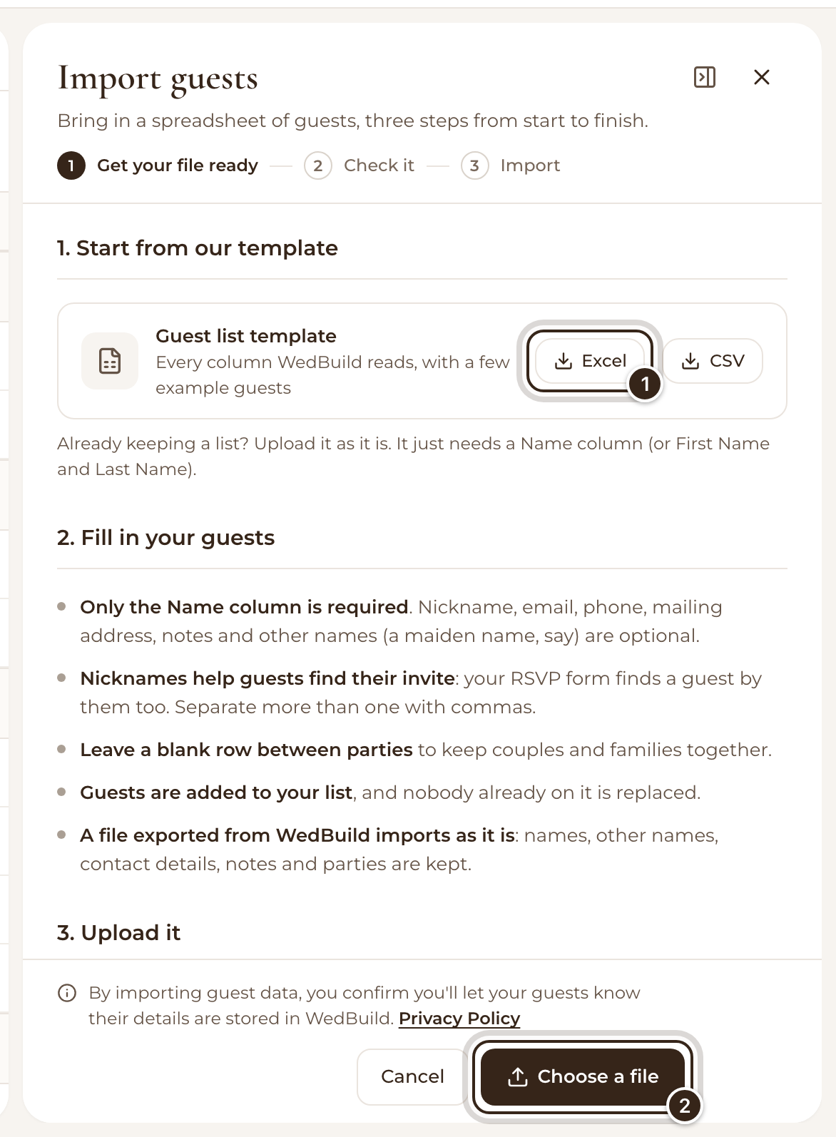 The Import guests panel with the template download and the upload box marked