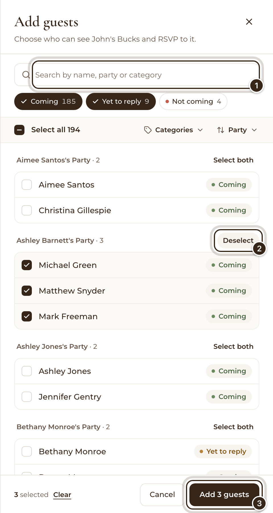 The Add guests list with a party of three ticked, and the search box, the party's Deselect button and Add 3 guests marked