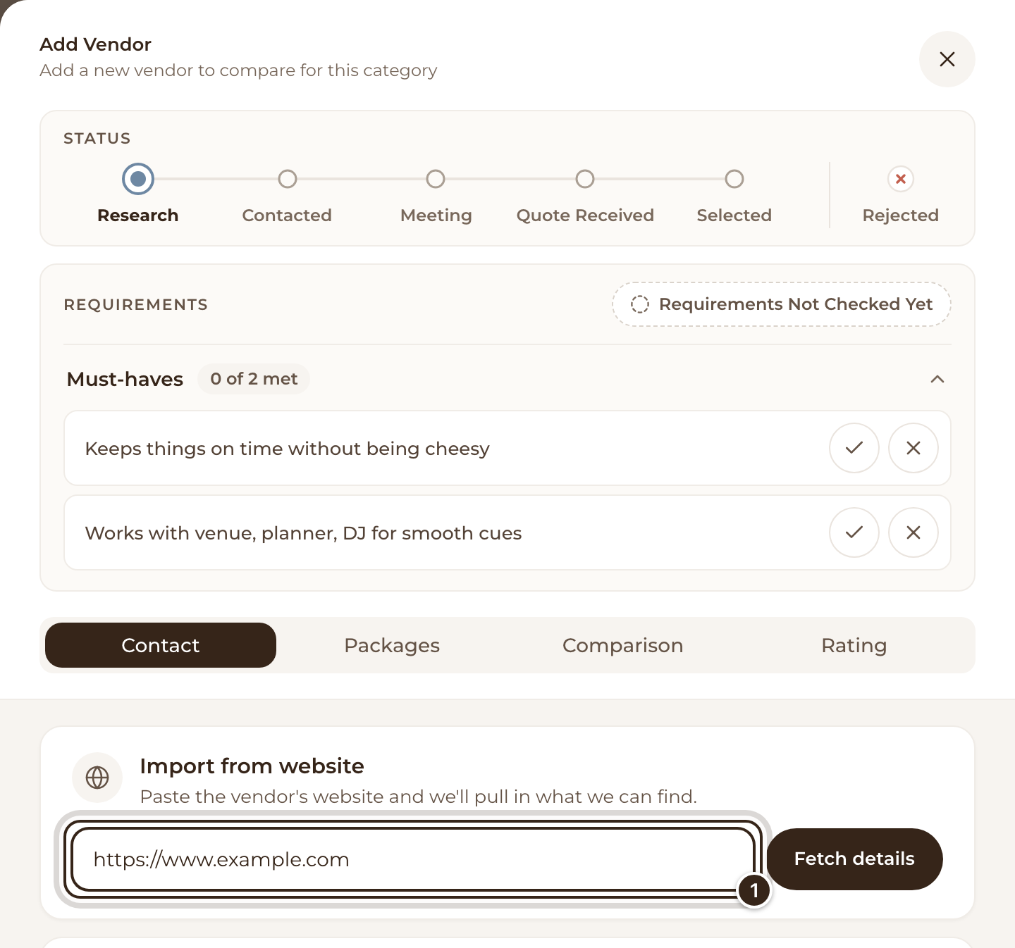 The Add Vendor panel with a website typed under Import from website and the box marked