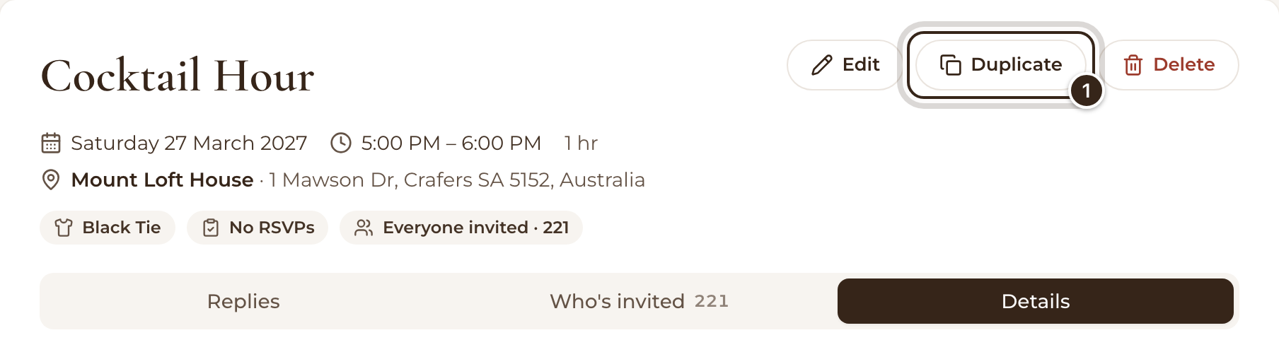 An event's panel with the Duplicate button marked, beside Edit and Delete
