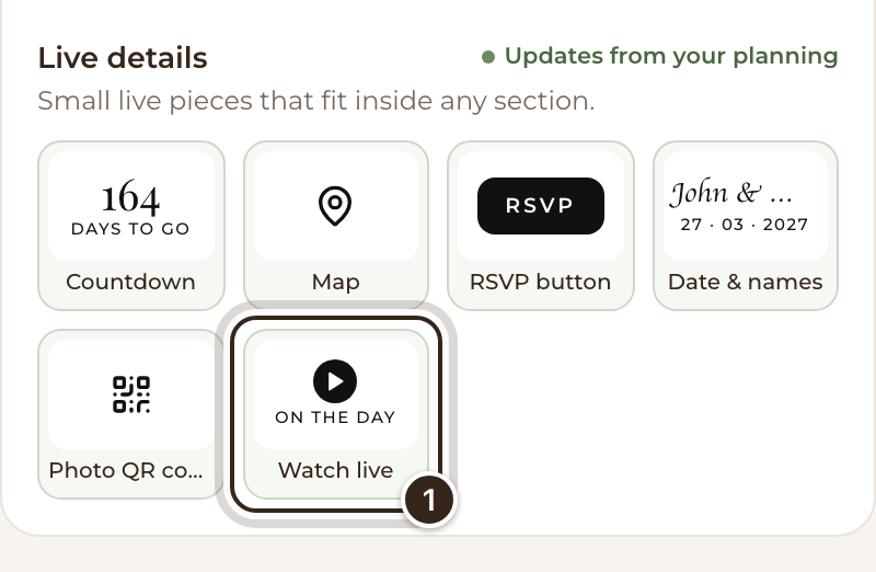 The Add tab's Live details with the Watch live card marked