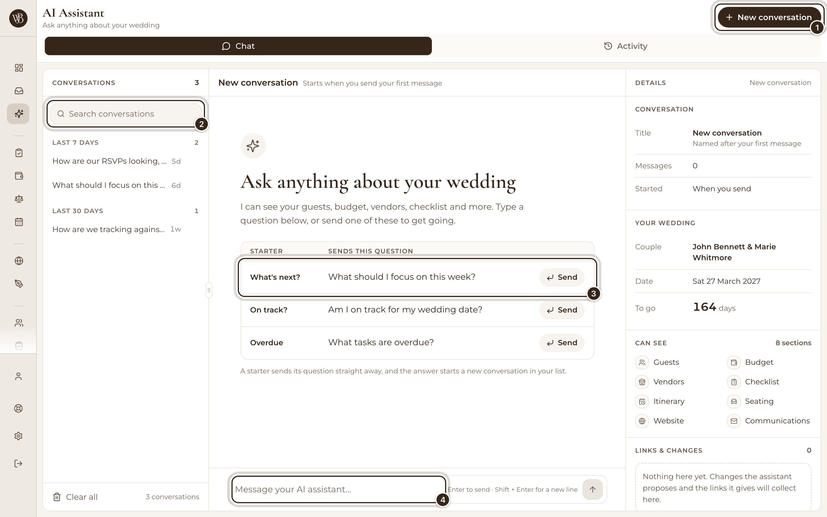 The AI Assistant page with New conversation, the conversation search, a starter and the message box marked