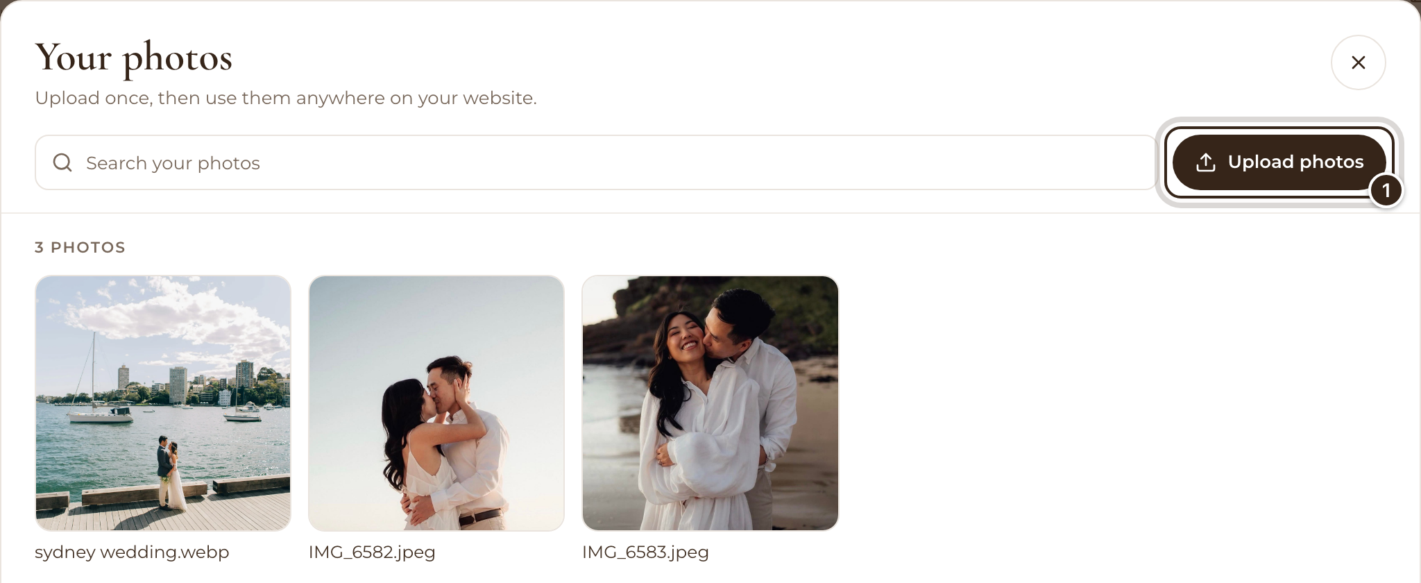 Your photos, with three photos and the Upload photos button marked