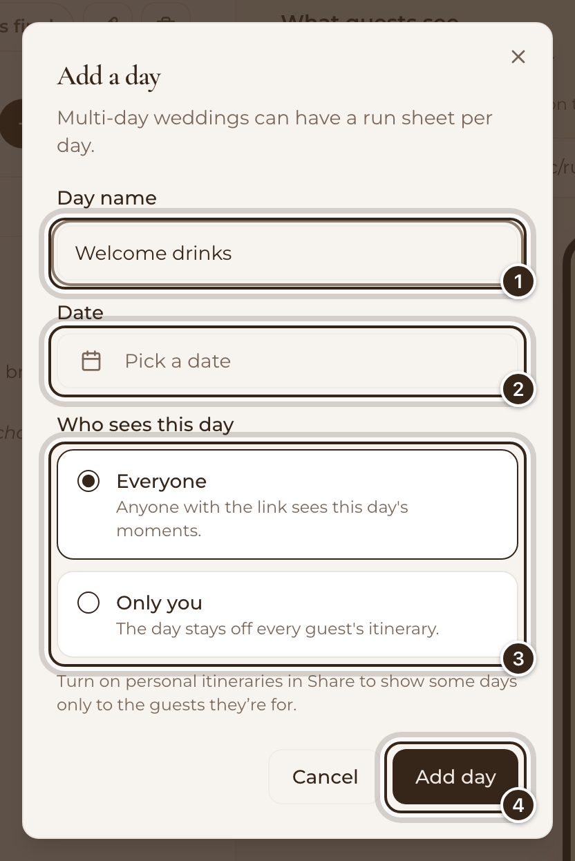 The Add a day window with Day name, Date, Who sees this day and the Add day button marked