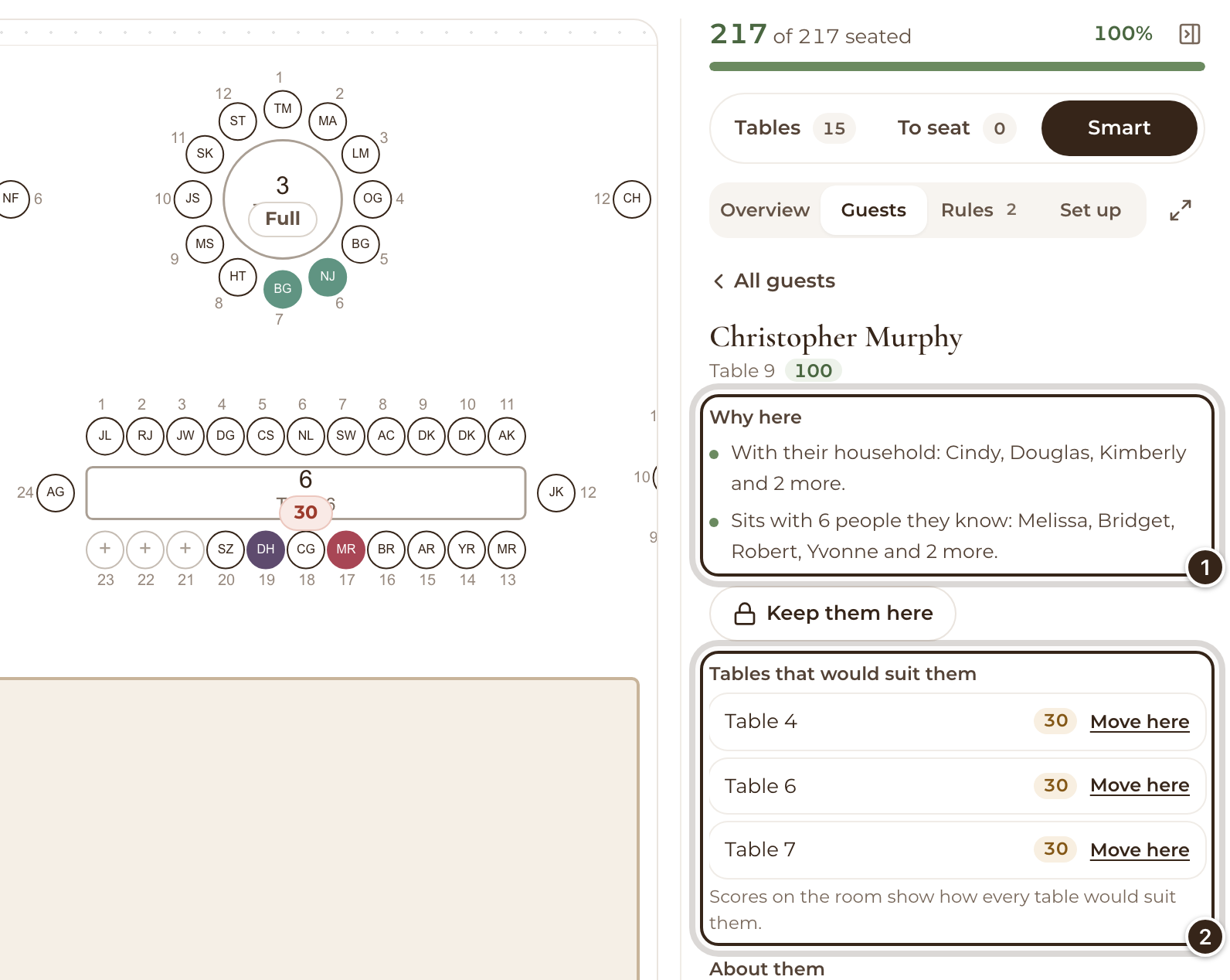 A guest in the Smart tab, with Why here and Tables that would suit them marked