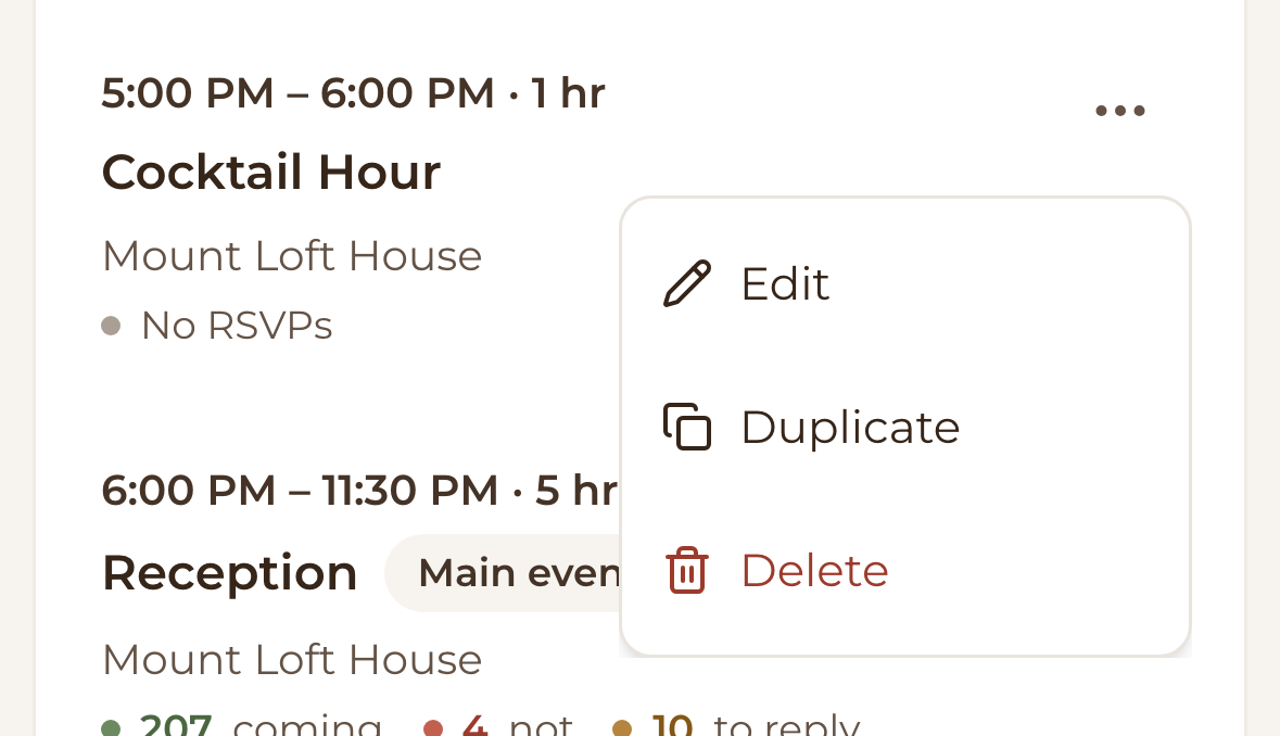 The ⋯ menu for an event on a phone, with Edit, Duplicate and Delete