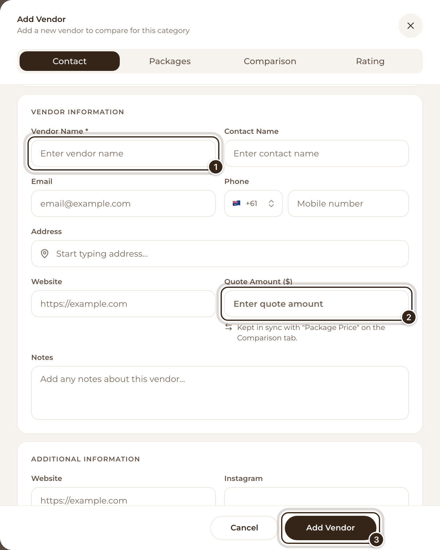 The Vendor Information section with Vendor Name and Quote Amount marked, and the Add Vendor button marked