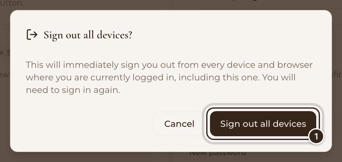 The Sign out all devices? window with its Sign out all devices button marked
