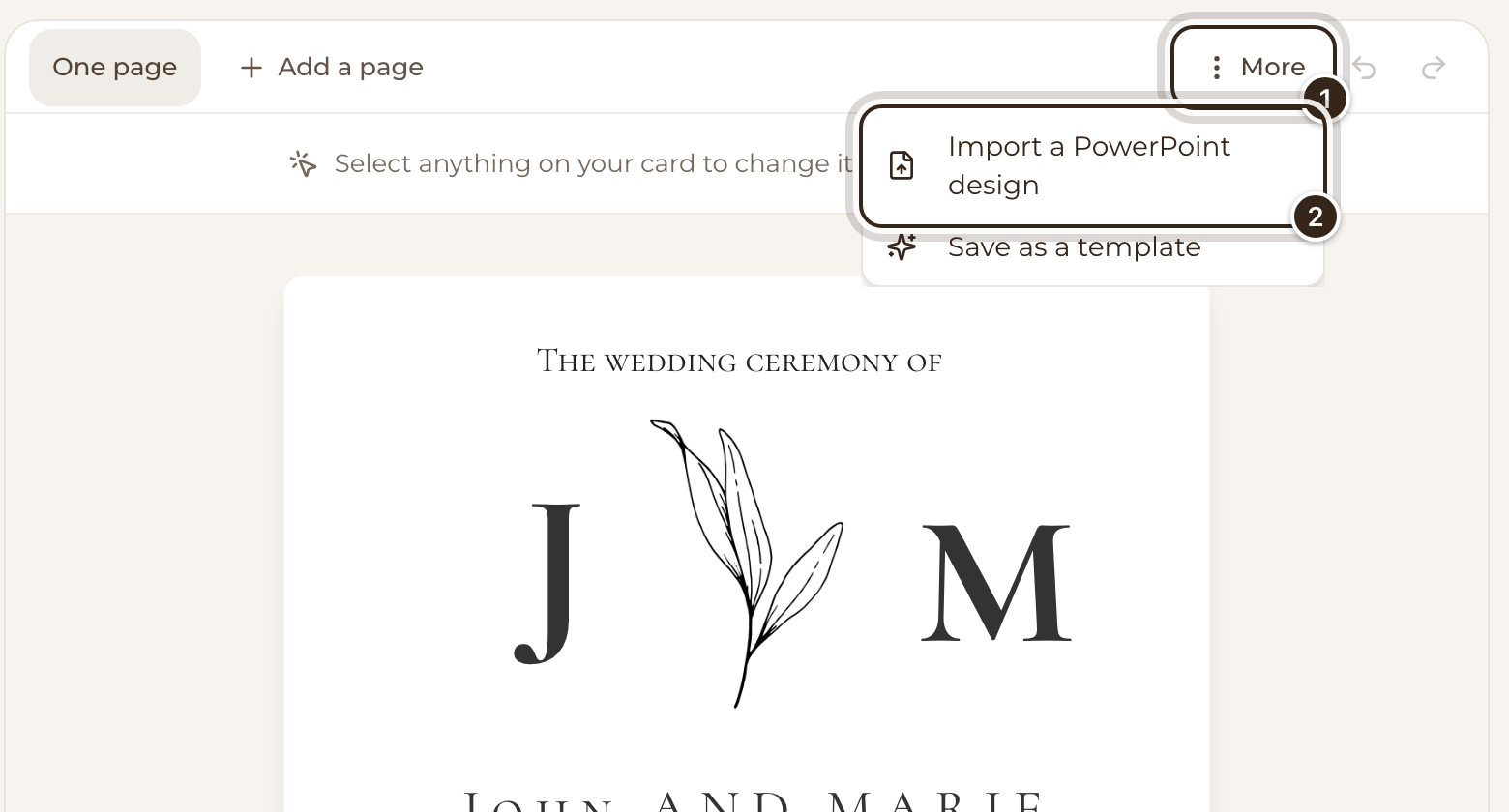 The More menu open above the card, with More and Import a PowerPoint design marked