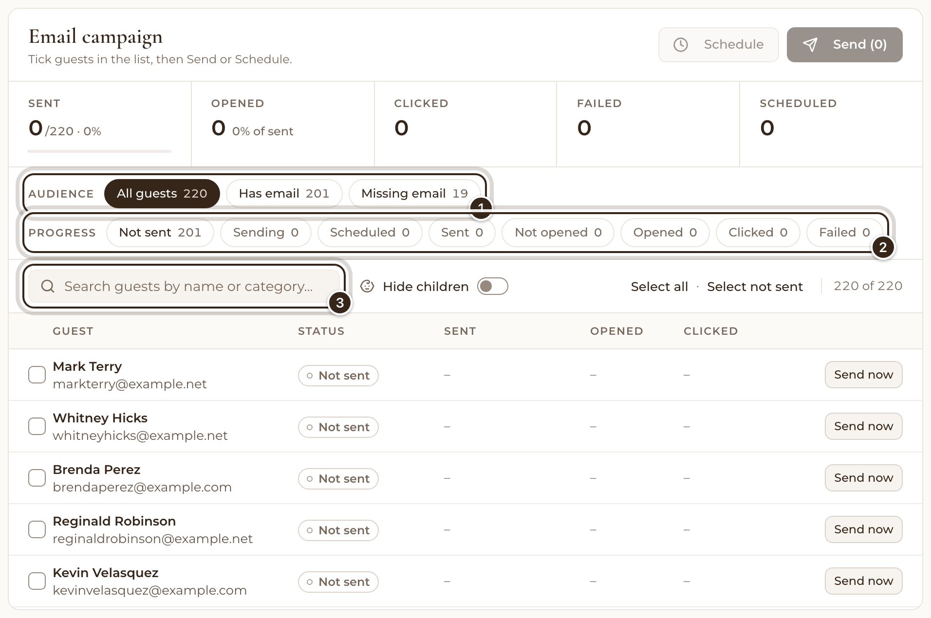 The Send tab with the Audience and Progress filters and the search box marked
