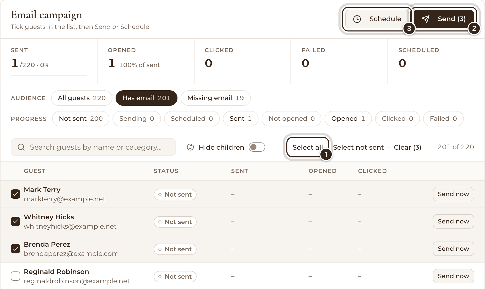 The Send tab with three guests ticked and Select all, Send and Schedule marked