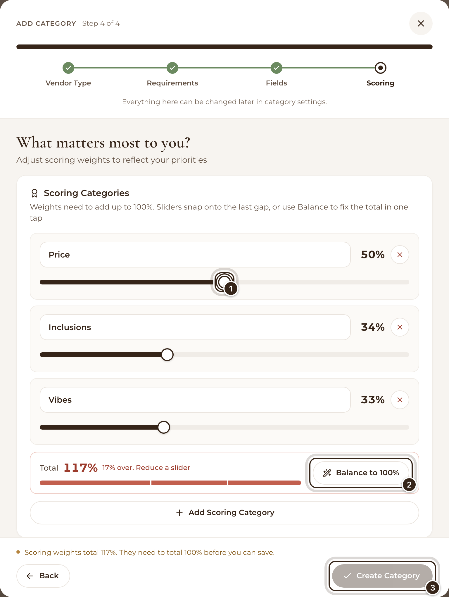 The Scoring step with the Price slider raised to 50% so the weights total 117%, the note saying they need to total 100%, and the Balance to 100% and greyed-out Create Category buttons marked