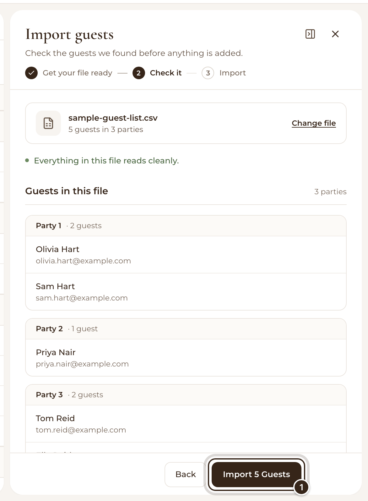 The check step showing five guests in three parties, with the Import 5 Guests button marked