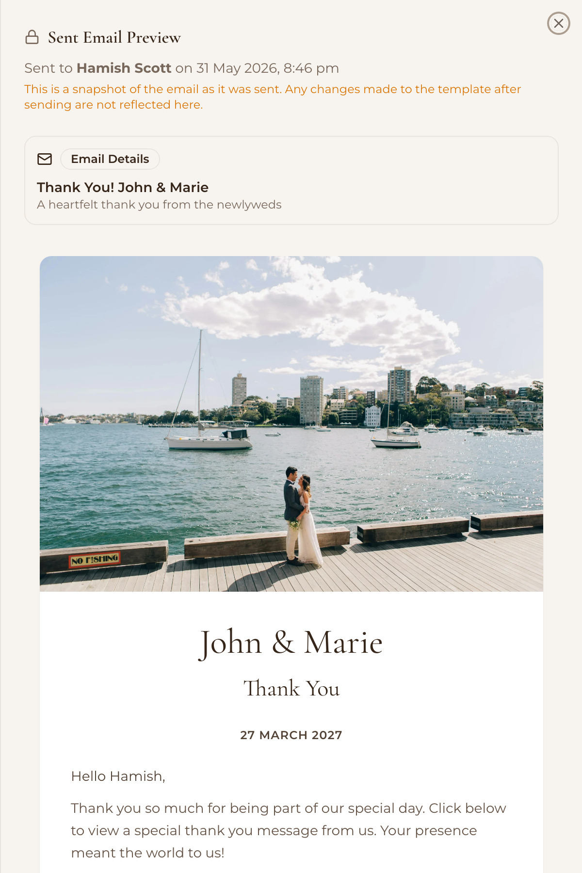 The Sent Email Preview of the email one guest received, with its subject, greeting and message