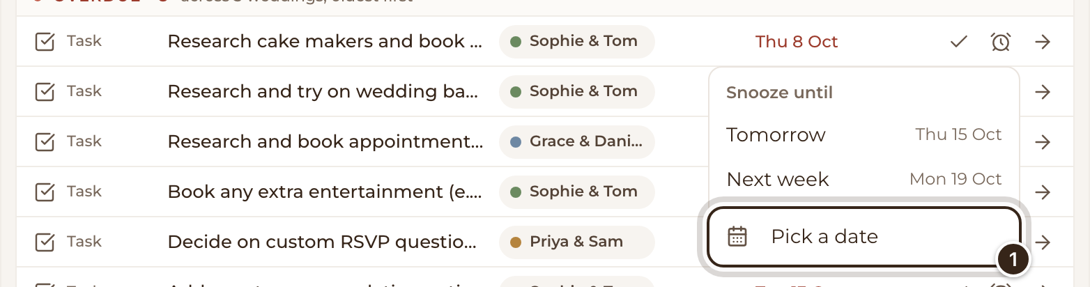 A row's Snooze until menu, with Pick a date marked