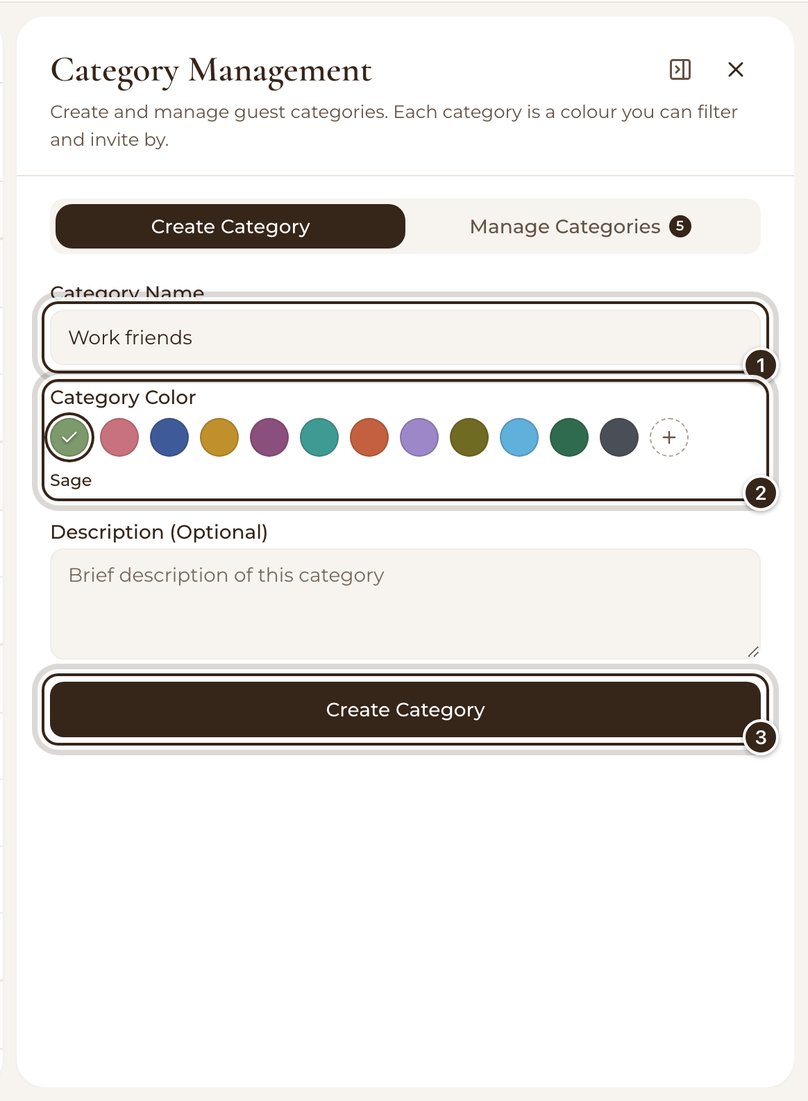 The Category Management panel with Work friends typed, and the name, the colours and the Create Category button marked