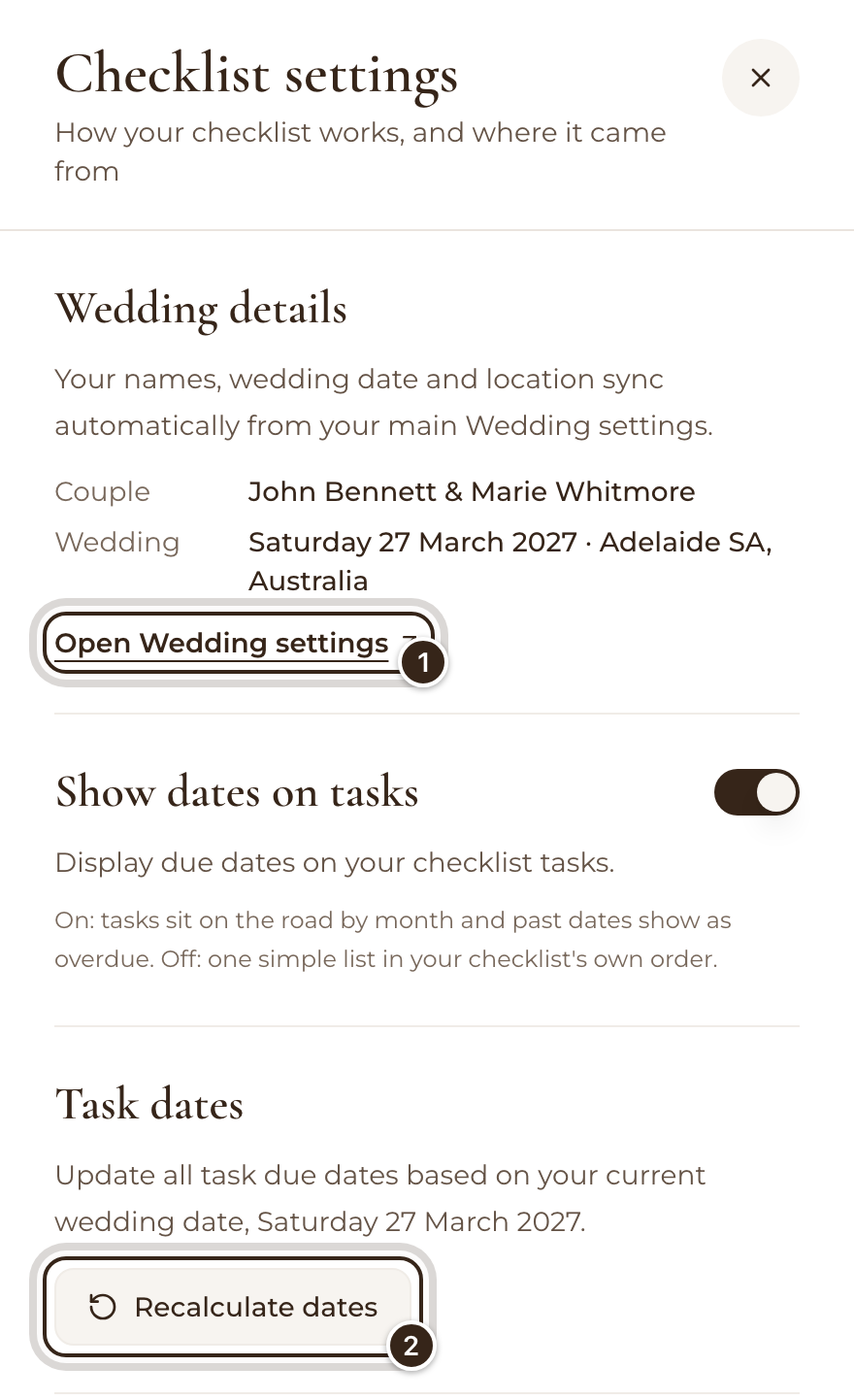 Checklist settings with the wedding date, the Open Wedding settings link and the Recalculate dates button marked