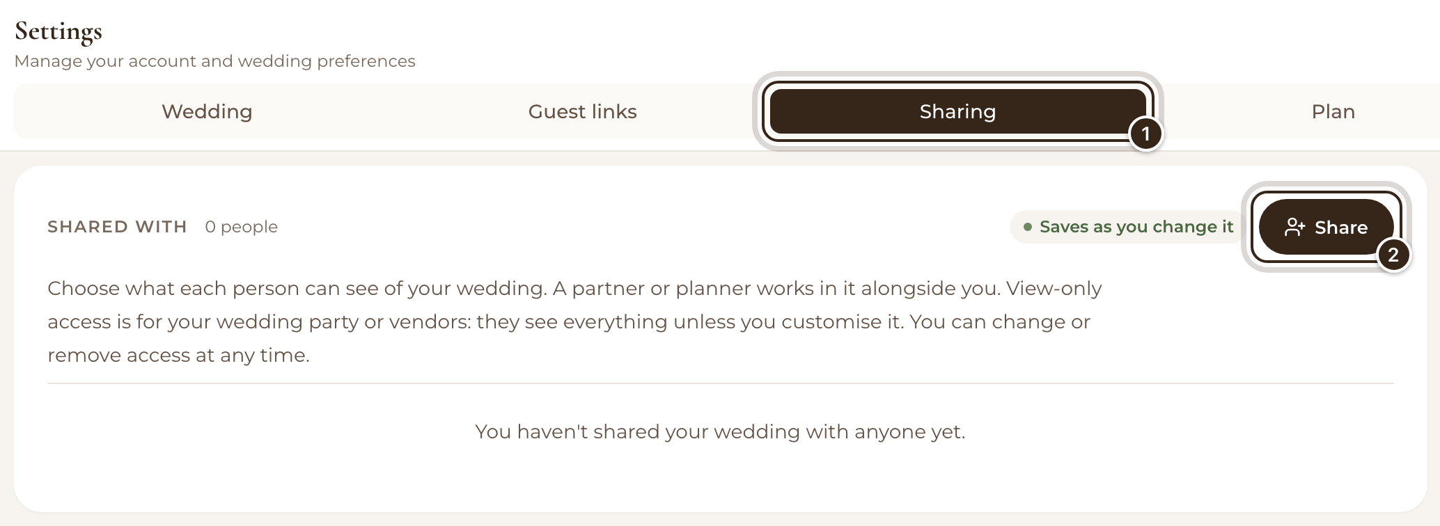 The Sharing tab in Settings, with the Sharing tab and the Share button marked