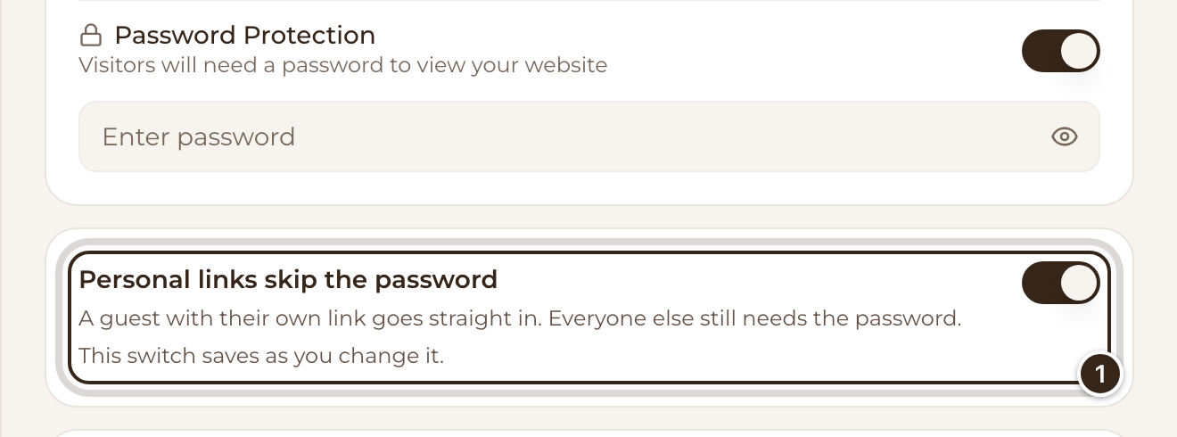 Site's Privacy tab with Password Protection on and the Personal links skip the password switch marked
