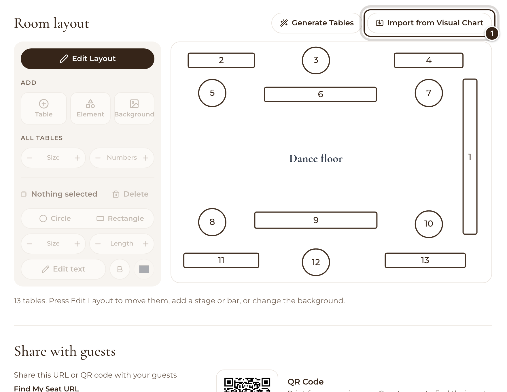 The QR Seating Chart's Room layout with the Import from Visual Chart button marked