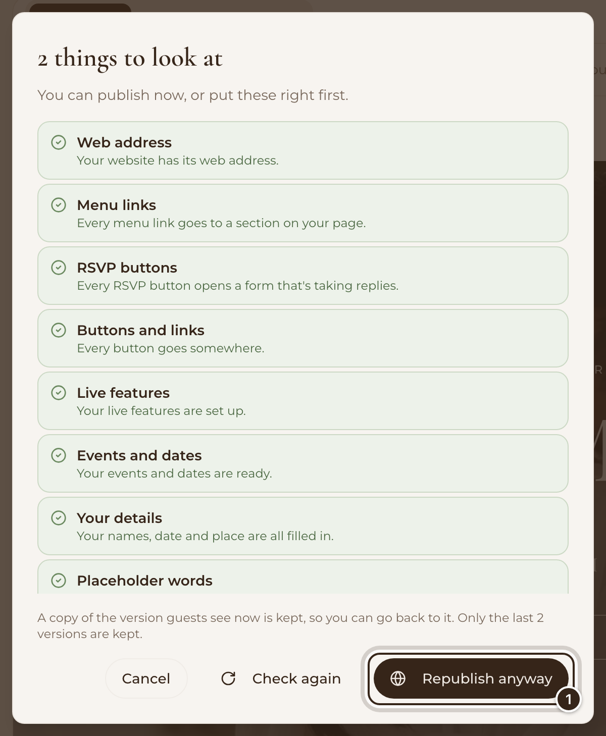 The publish checks, all ticked, with the Republish button marked
