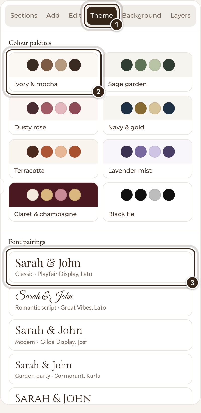 The Theme tab with a colour palette and a font pairing marked