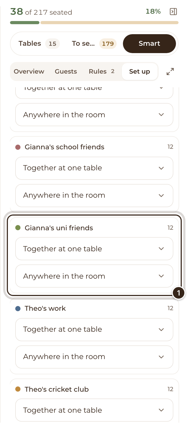 The Groups list on Smart's Set up tab, with the Gianna's uni friends group marked