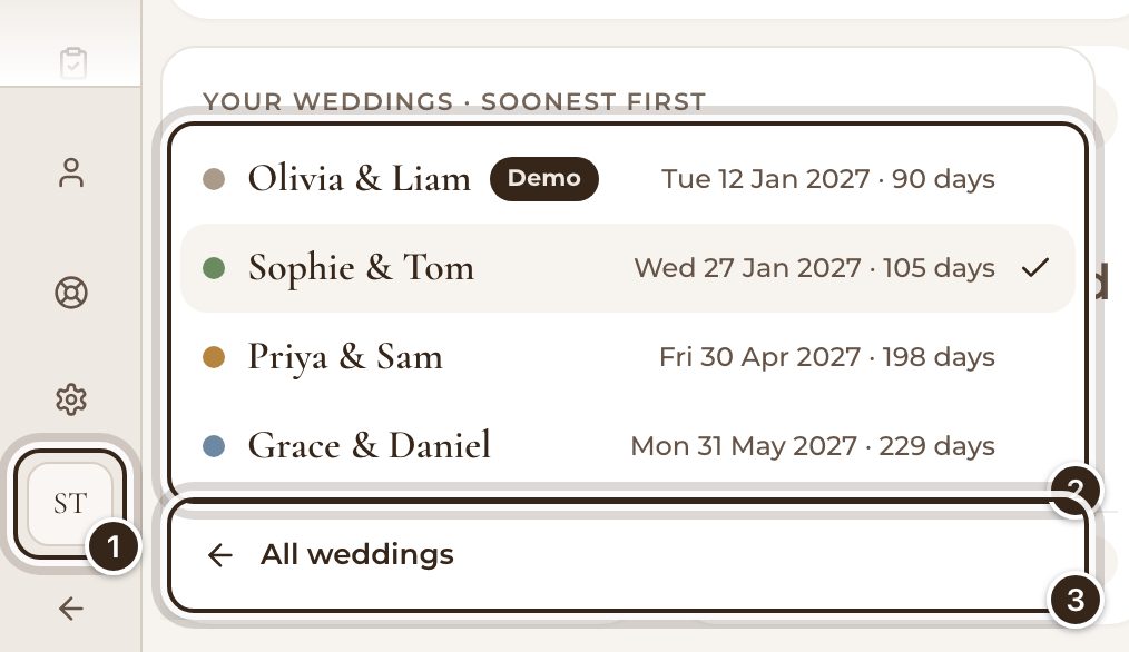 Inside a wedding, the list of weddings opened from the couple's initials, with All weddings at the foot