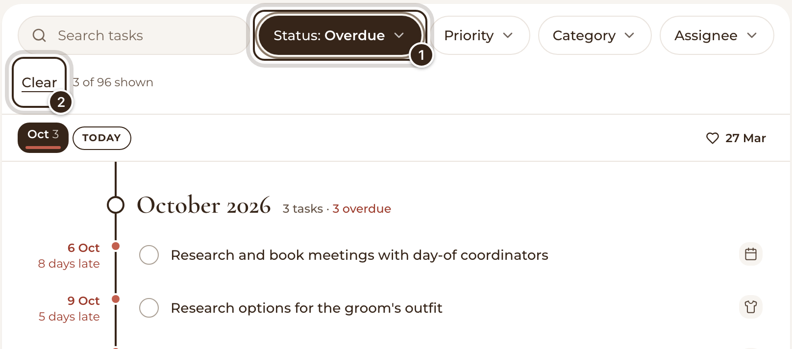 The Timeline with Status set to Overdue, showing 2 of 97 tasks, and the Clear button marked