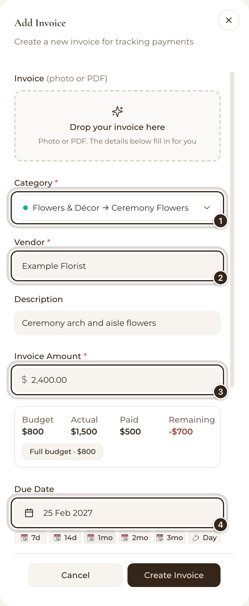 The Add Invoice form with a category, vendor, invoice amount and due date filled in and marked