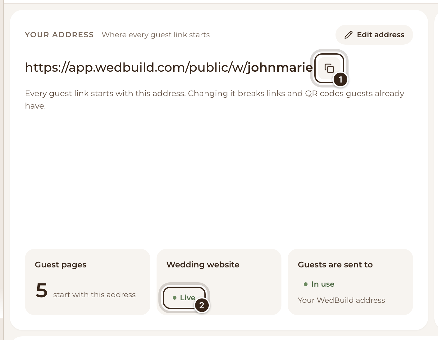 The Your address tile in Settings with the copy button and the Live status marked