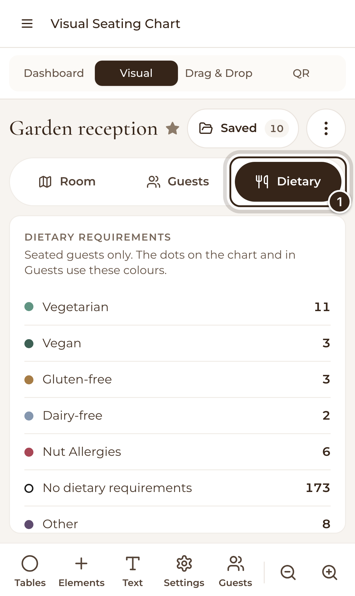 The Visual Seating Chart on a phone with the Dietary view open