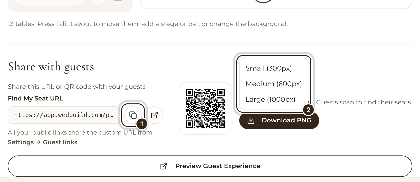 The Share with guests section with the copy button and the Small, Medium and Large QR code sizes marked