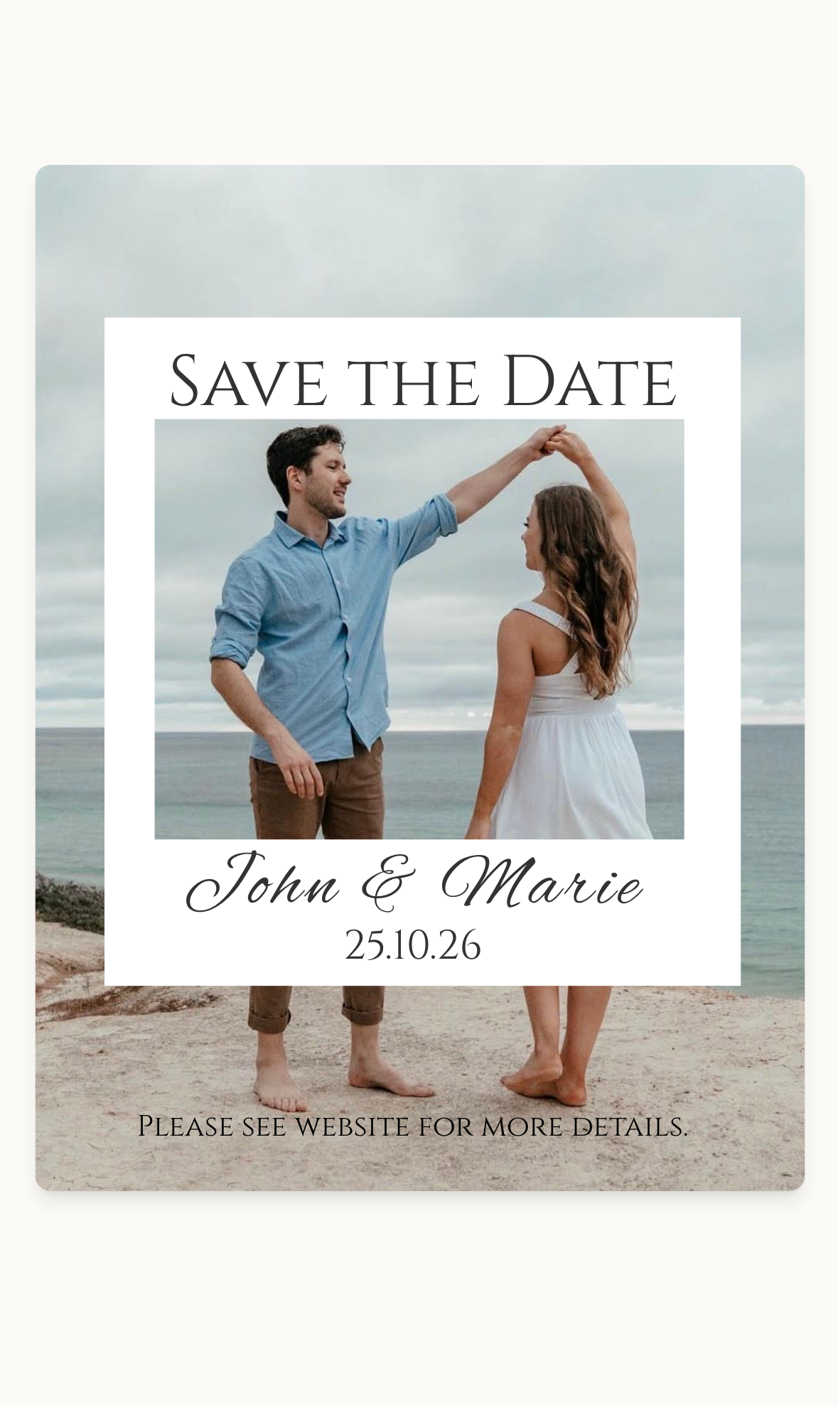 A save the date opened from its link on a phone