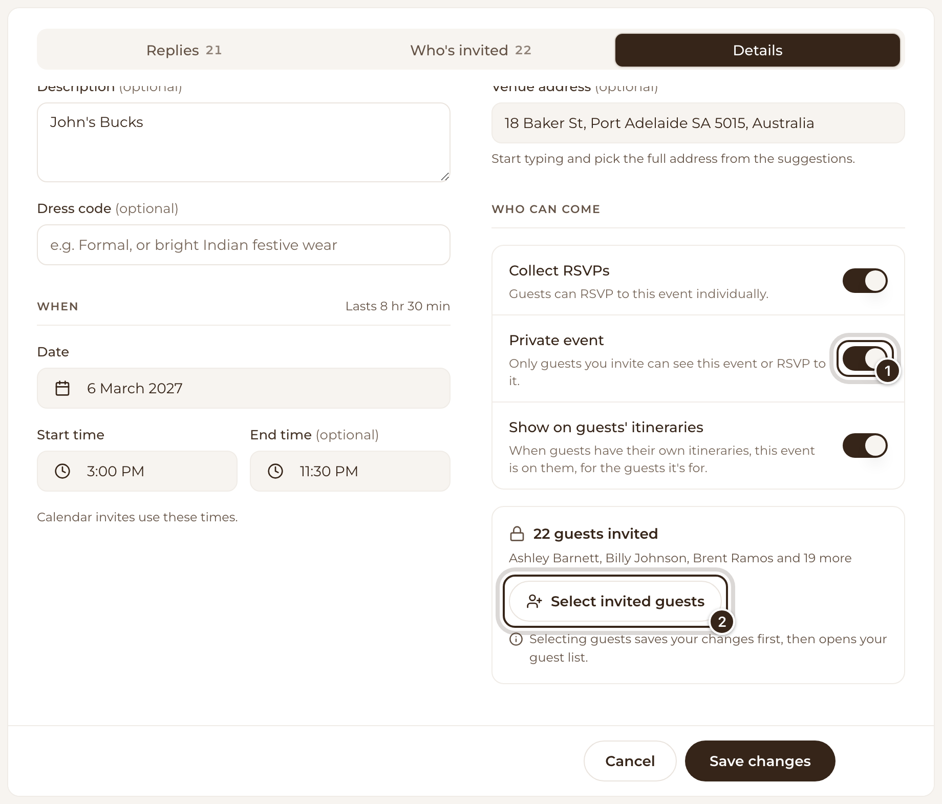 An event's details with the Private event switch and Select invited guests marked